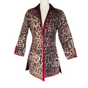 PATTY KIM Leopard Print Quilted Open Front Red Trimmed Jacket Coat - XS